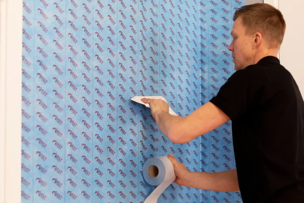 Person monterar radontapet på vägg